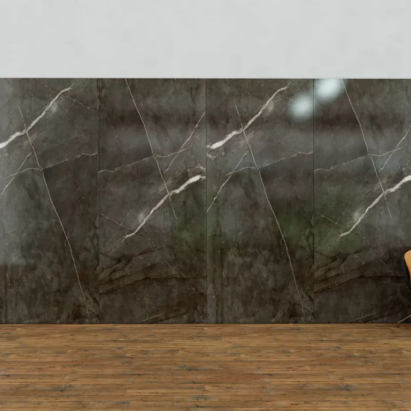 Parede revestida com o Revestimento Flexível Wallboard Antracite, em padrão de mármore