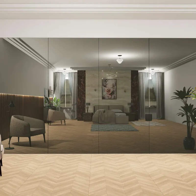 Parede revestida com o Revestimento Flexível Wallboard Fumê Espelhado, em acabamento metálico